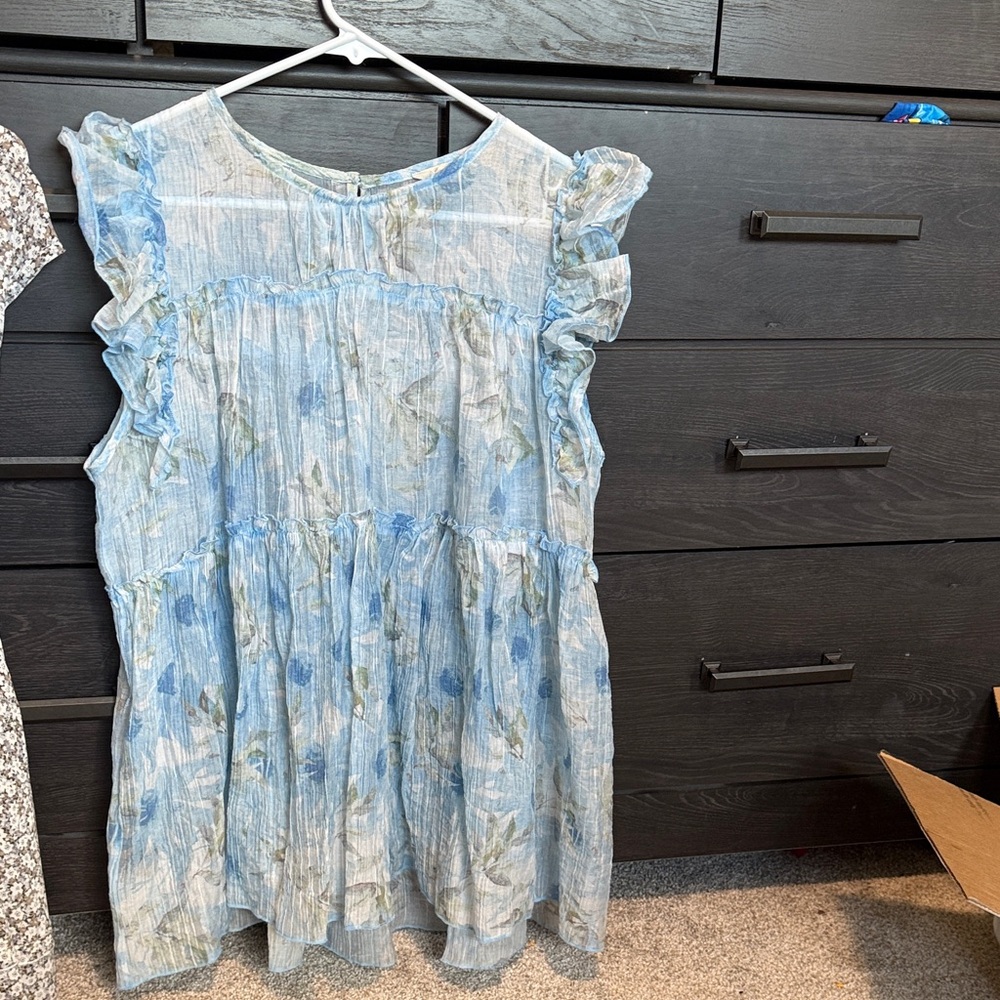 POL Blue Floral Ruffle Top